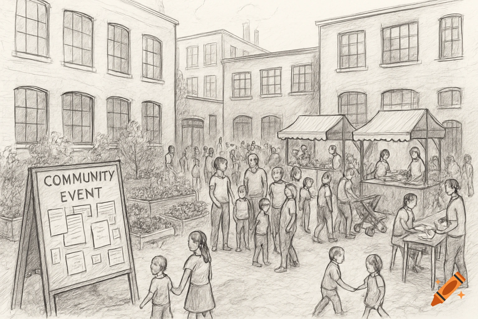 Hand sketch of a community event in an urban courtyard with people, buildings, and a noticeboard.