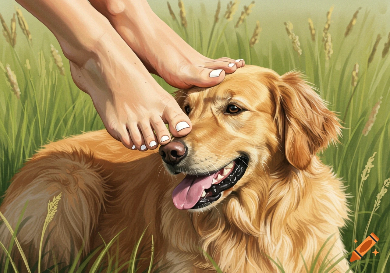 Close-up of feet with white nails touching a golden retriever's head in grass.
