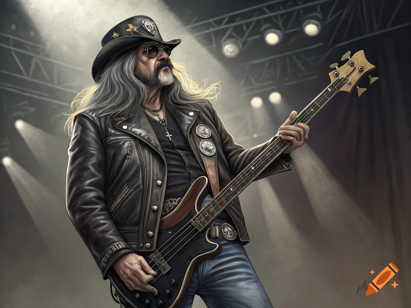Illustration of a long-haired man in a hat, sunglasses, and leather jacket playing a bass guitar on stage.