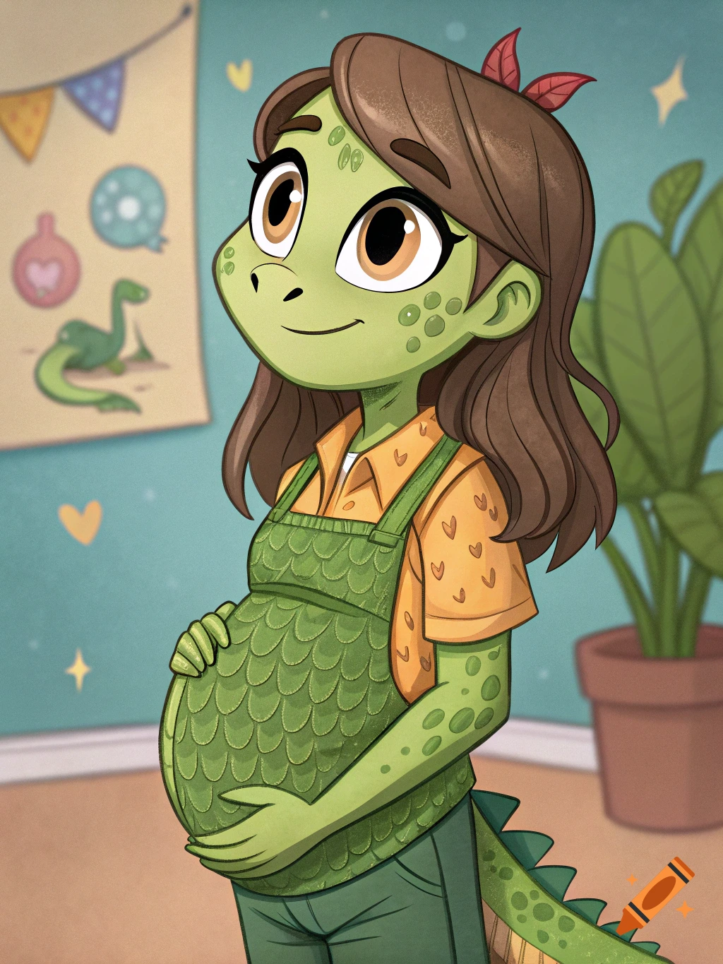 Cartoon teenage girl with dinosaur skin, pregnant, in green overalls.