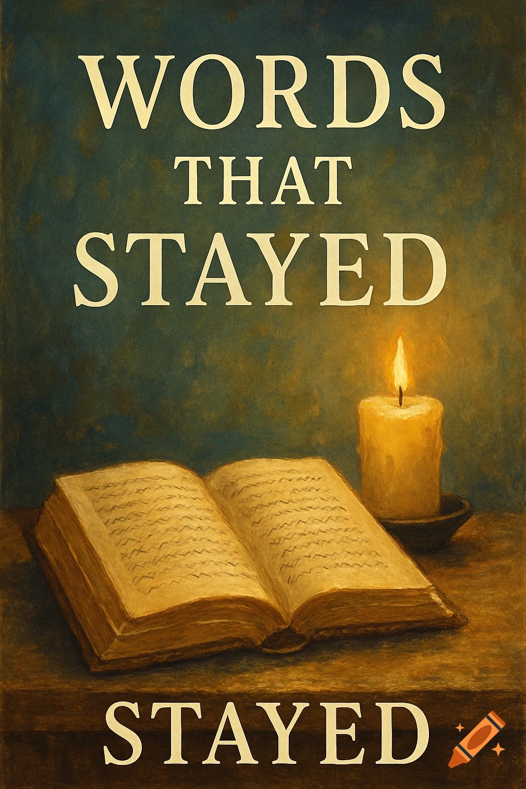 An open book and a lit candle sit on a table against a dark background in a painterly style. Text at the top reads "WORDS THAT STAYED".