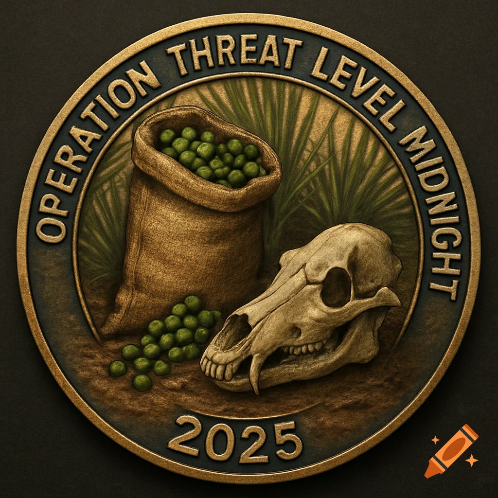 Challenge coin with a skull, burlap sack of green berries, foliage, and the text "OPERATION THREAT LEVEL MIDNIGHT 2025".