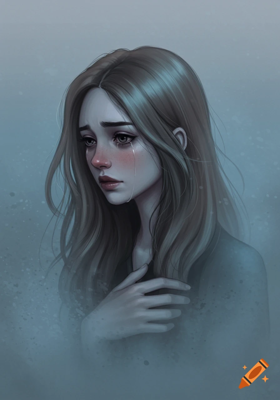 Digital painting of a young woman crying, with her hand on her chest, looking sad.