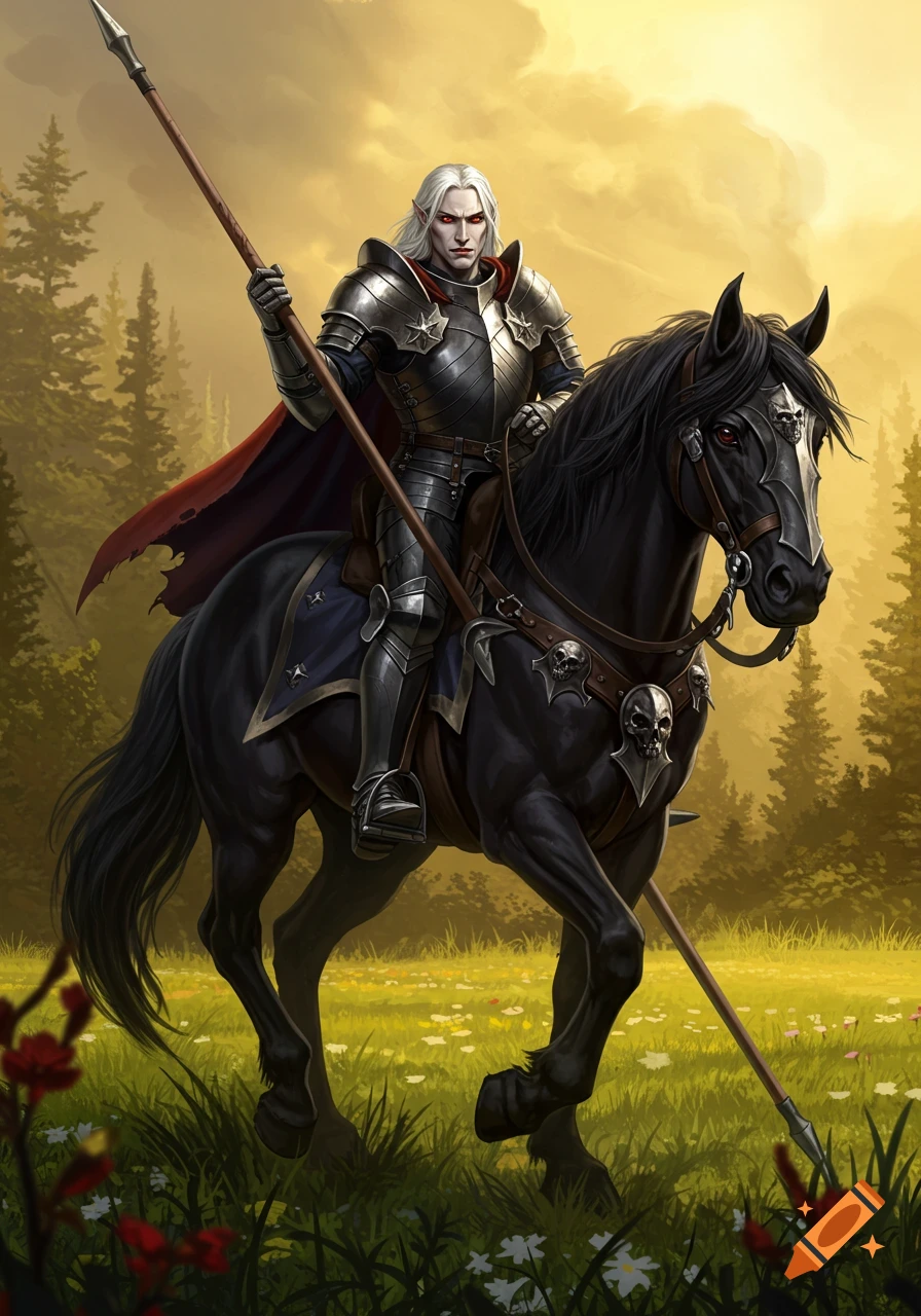 A fantasy illustration of a knight with pale skin and red eyes riding a black horse through a field.