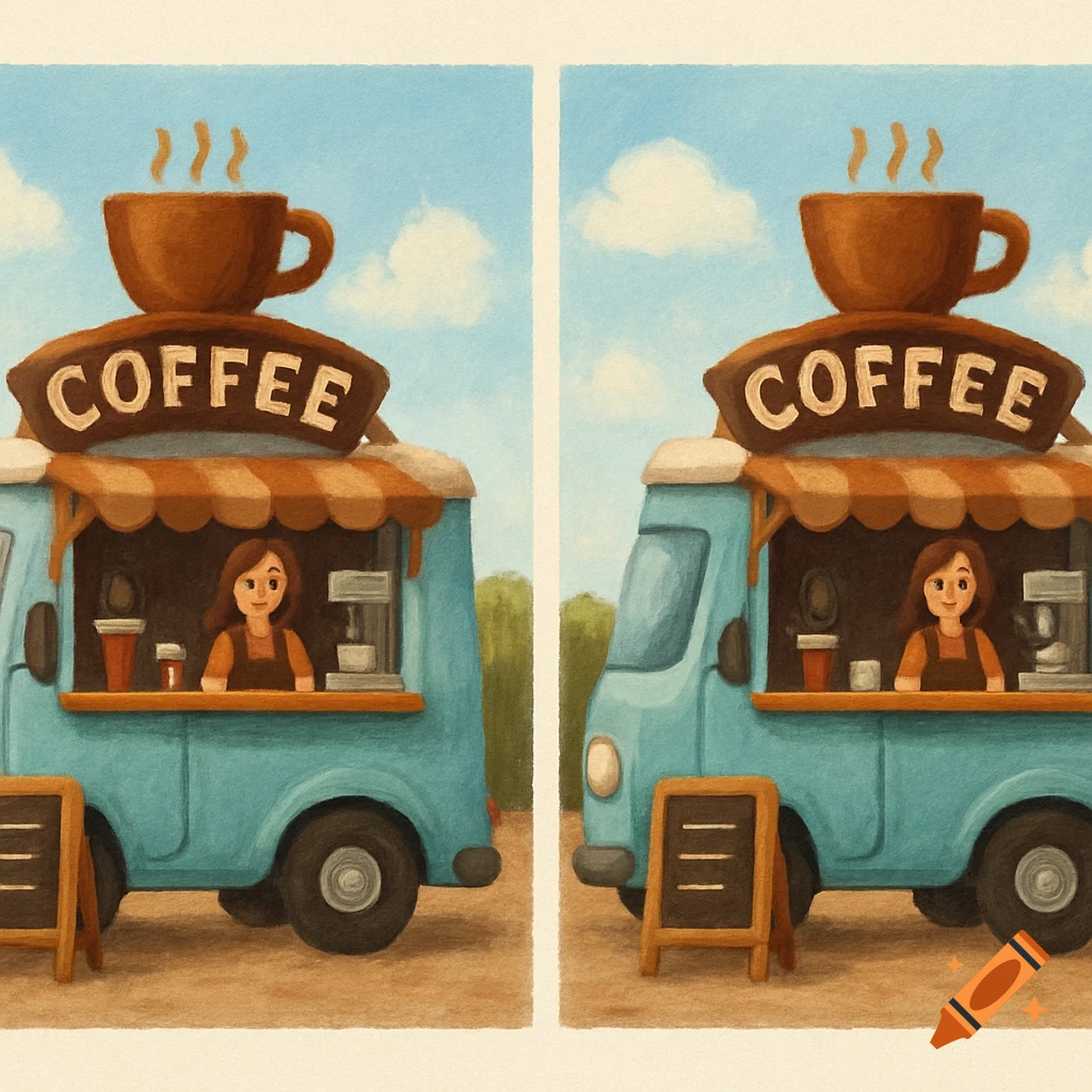 Illustration of two side-by-side panels showing a cartoon coffee truck with a steaming cup and a person inside.