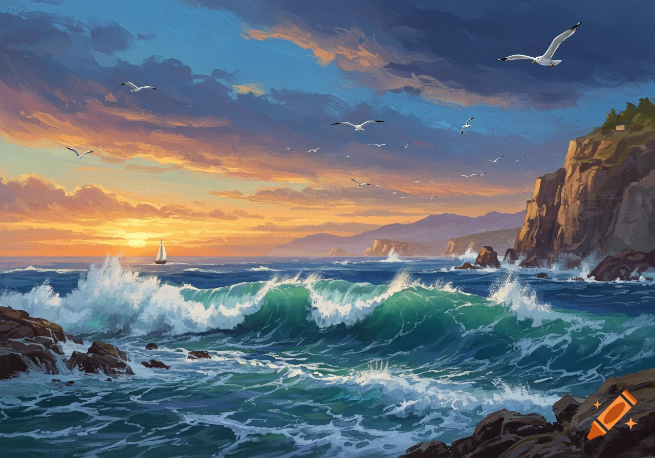 A vibrant painting of waves crashing on a rocky coast during a stormy sunset, with a sailboat and seagulls.