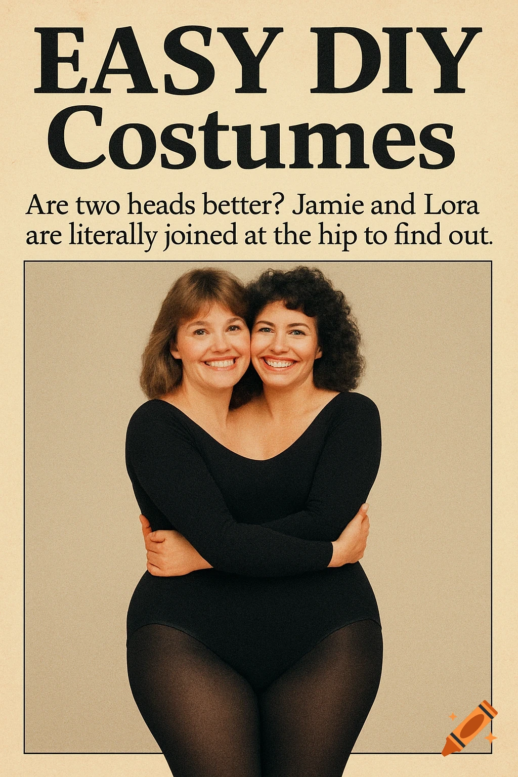 Vintage magazine image showing two women sharing a leotard and tights to create a two-headed person illusion. Text says 'Easy DIY Costumes'.