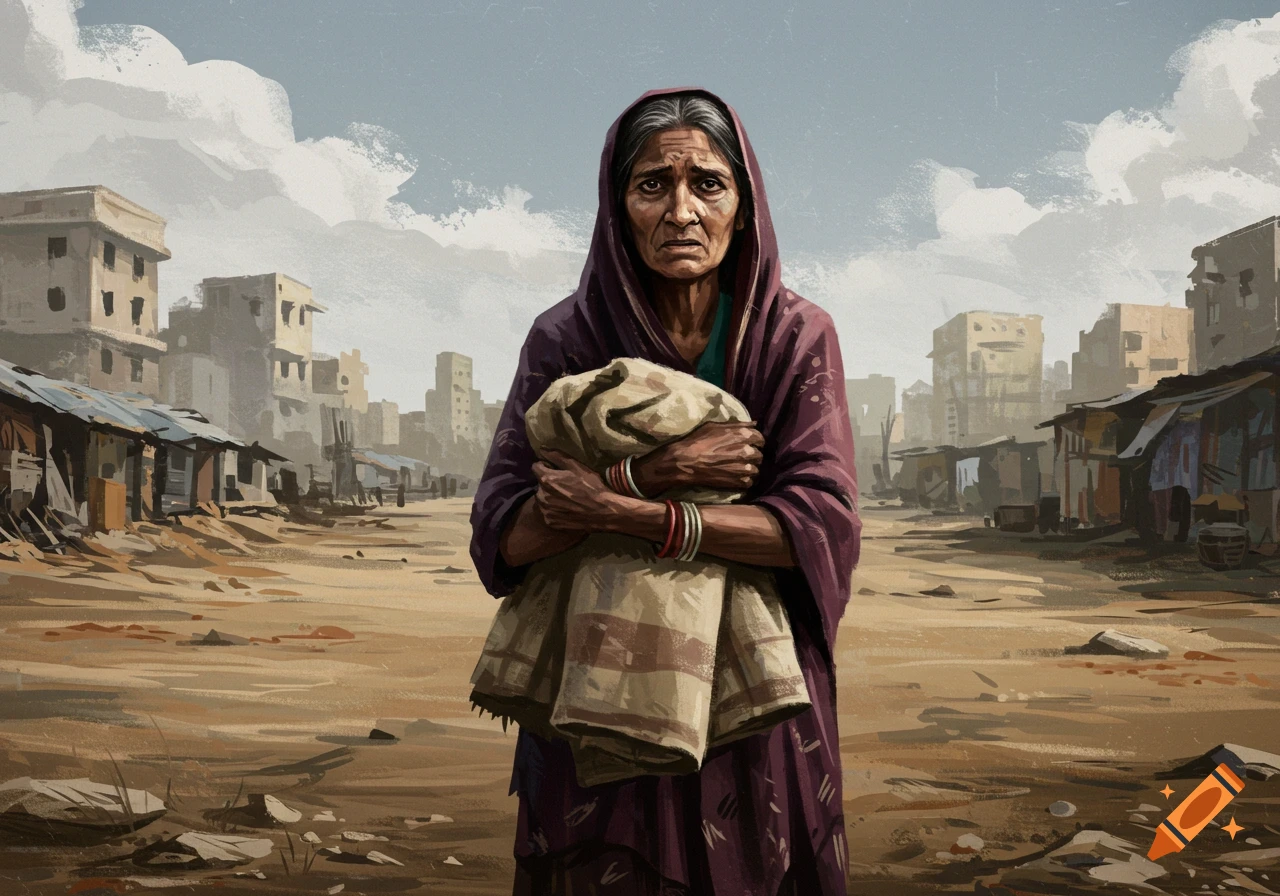 An elderly woman in a headscarf holding a blanket stands in a dilapidated urban street scene, illustration style