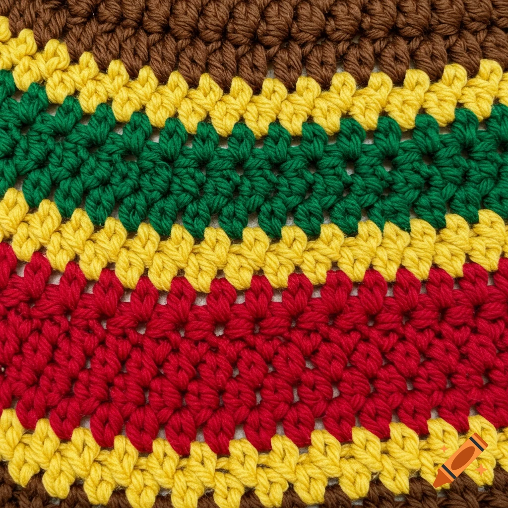 Close-up of a striped crochet pattern in red, yellow, green, and brown
