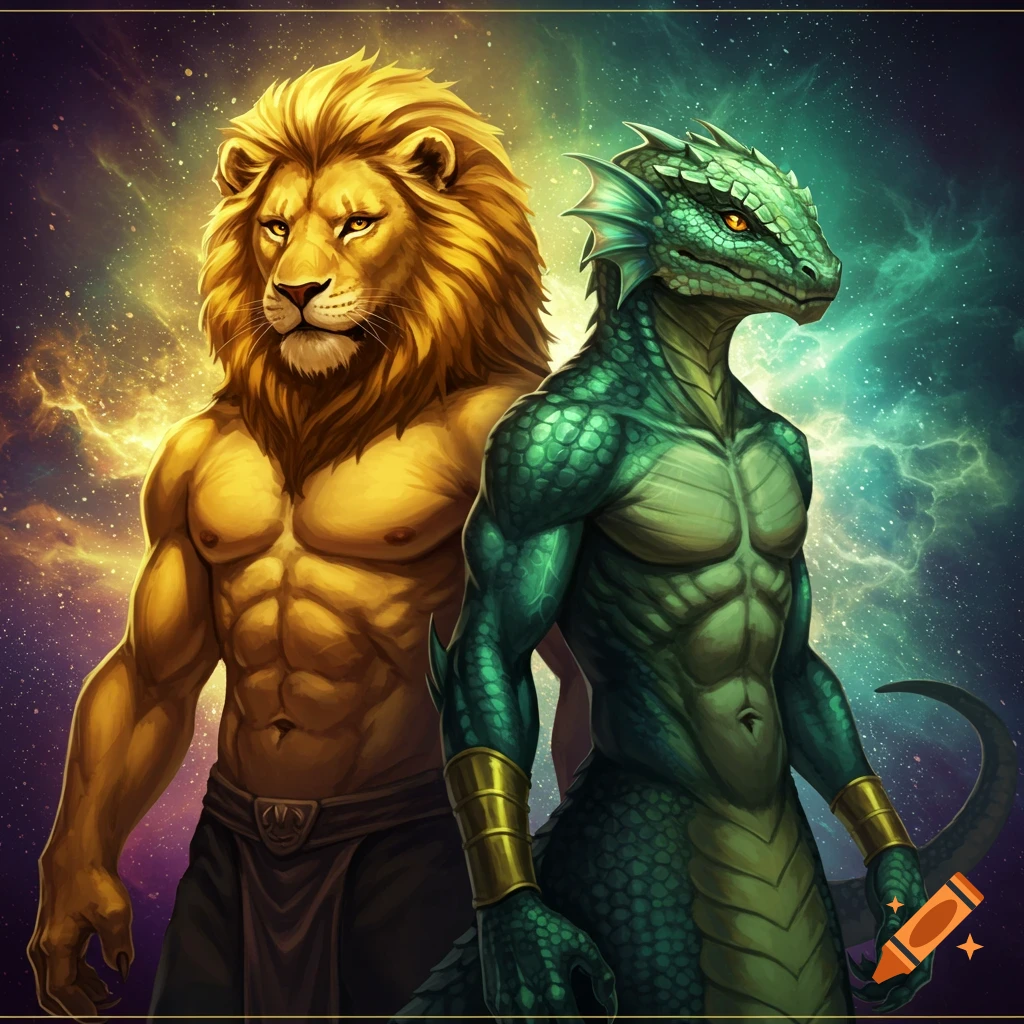 A muscular lion humanoid and a green reptilian humanoid stand against a cosmic background.