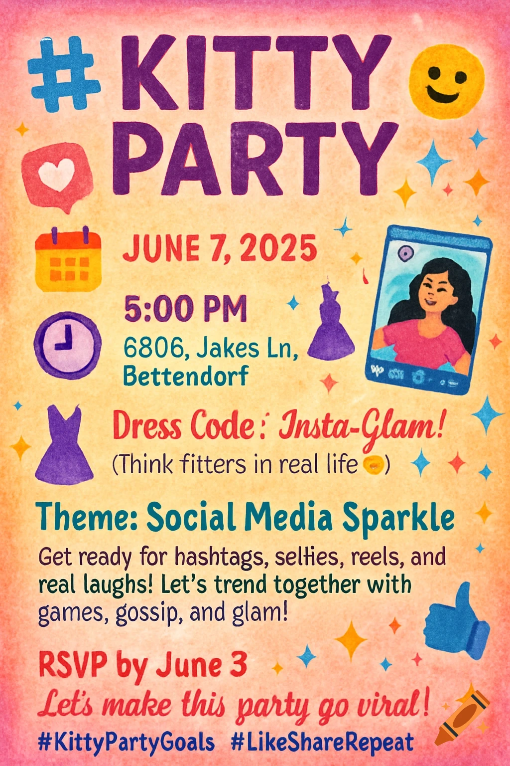 A watercolor style party invitation for a "Kitty Party" with social media theme details, date, time, location, and dress code.