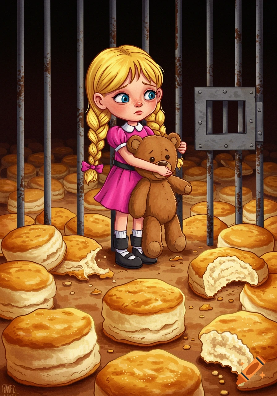 Digital illustration of a cartoon girl holding a teddy bear behind bars, surrounded by biscuits.