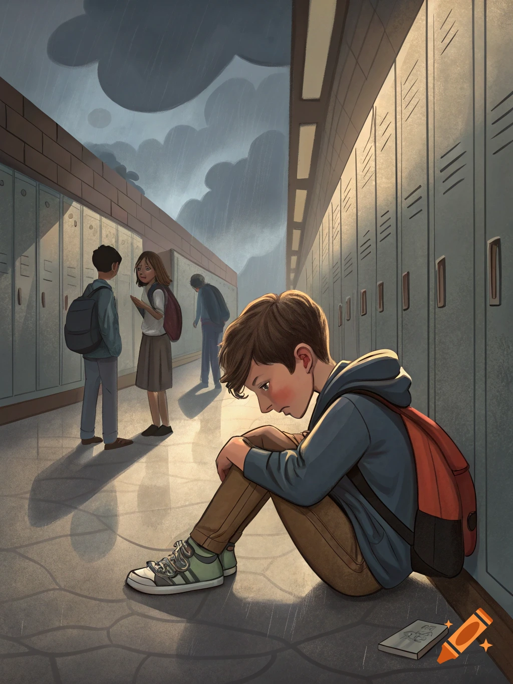 Sad boy sitting alone in a school hallway during a rainy day illustration