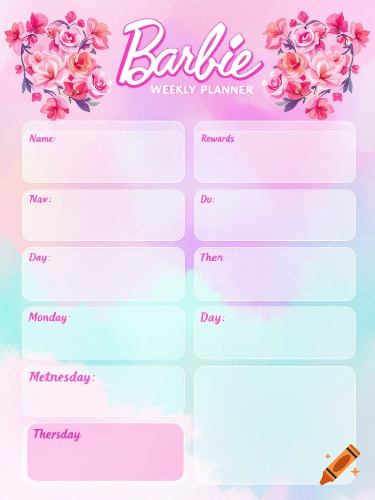 Barbie weekly planner page with watercolor background, flowers, and boxes for writing.