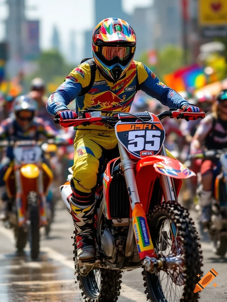 Photorealistic image of a motocross racer riding a dirt bike in a parade.