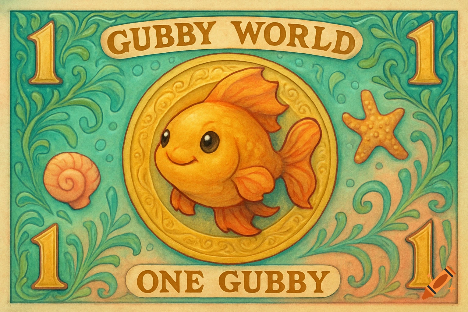 Cartoon banknote with a friendly orange fish, seaweed, starfish, and text 'GUBBY WORLD' and 'ONE GUBBY'.