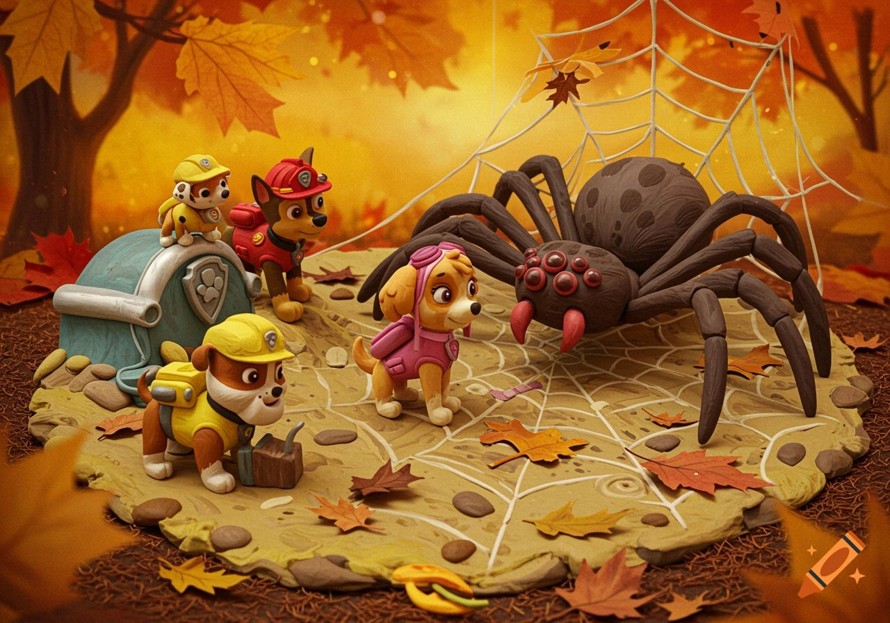 Clay models of Paw Patrol characters and a large spider in an autumn diorama.