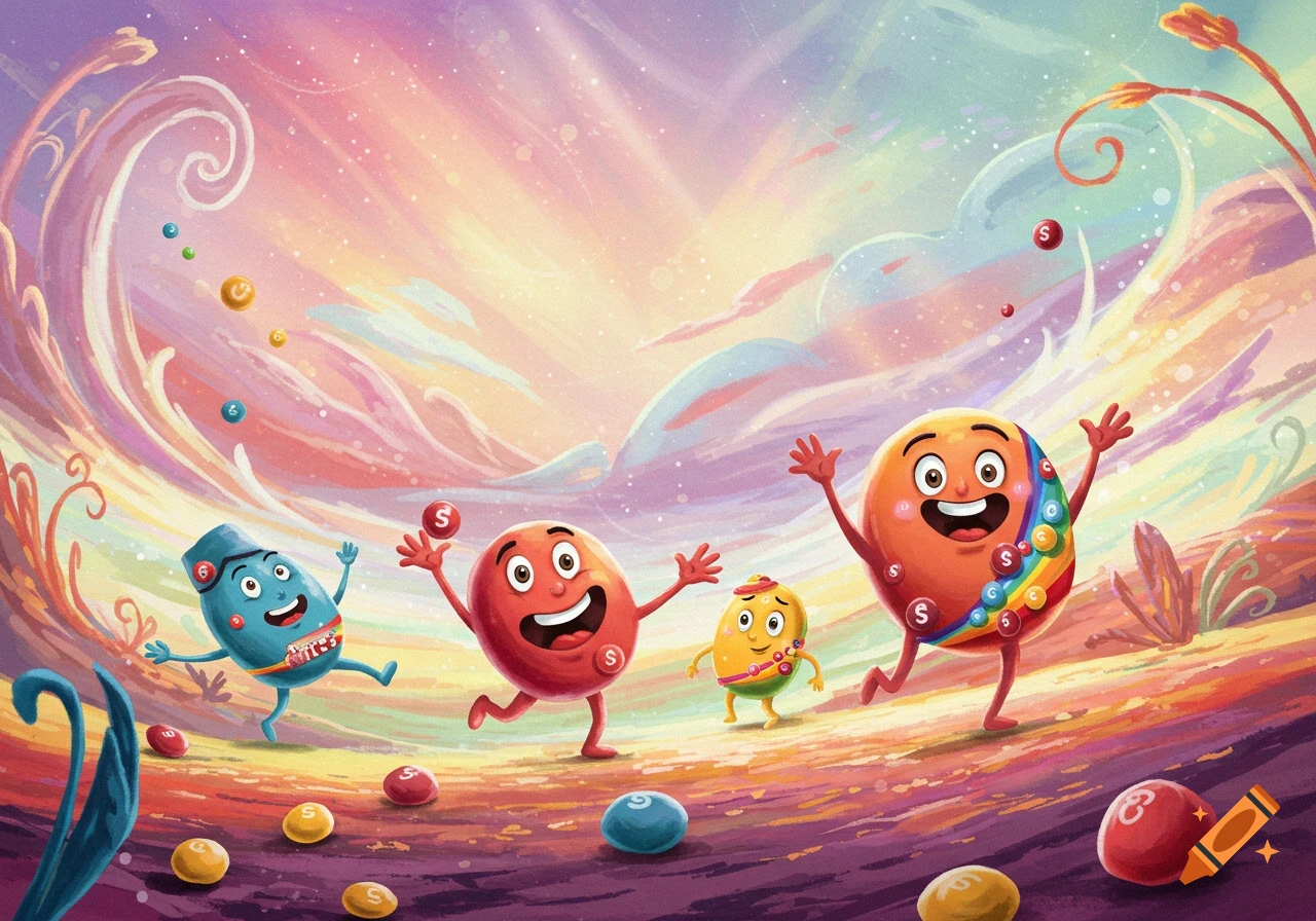 Colorful illustration of anthropomorphic candy characters dancing in a vibrant fantasy landscape.