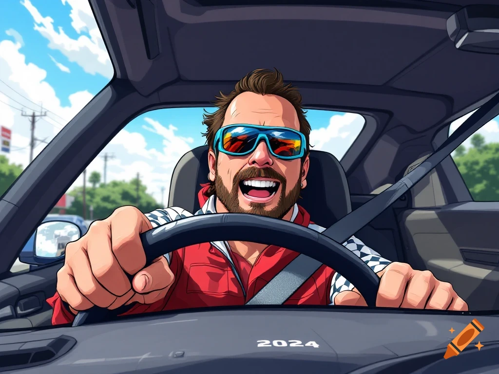 Cartoon man driving a car, smiling