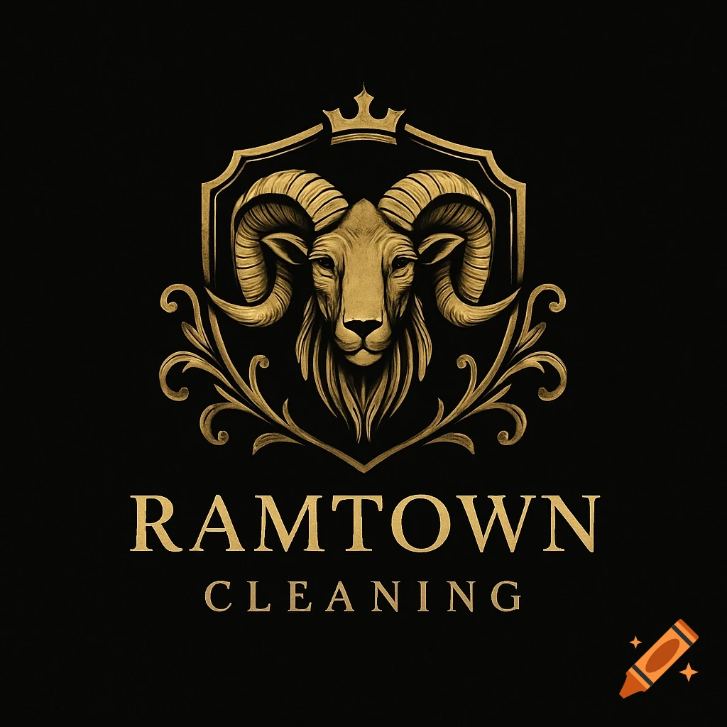 Gold luxury logo featuring a ram's head, crown, and ornate shield on black with text 'RAMTOWN CLEANING'