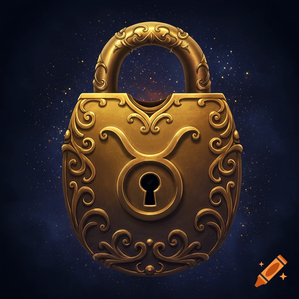 Golden ornate lock shaped like Taurus zodiac sign against starry background