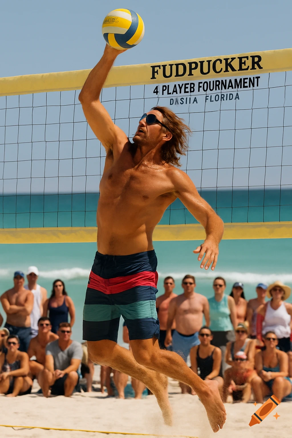 A shirtless man jumps to spike a volleyball over a net on a sandy beach court, with spectators watching in the background.