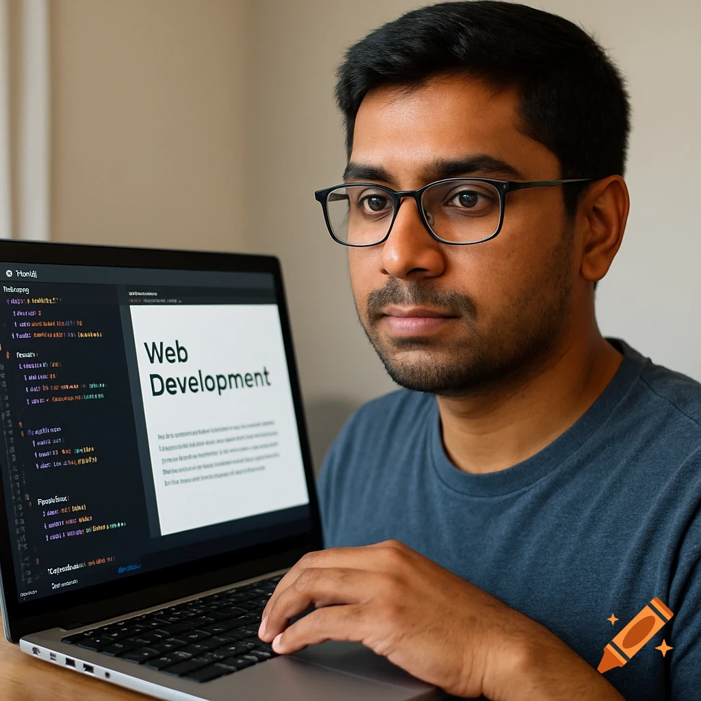 A man with glasses looks at a laptop screen showing 'Web Development' and code.