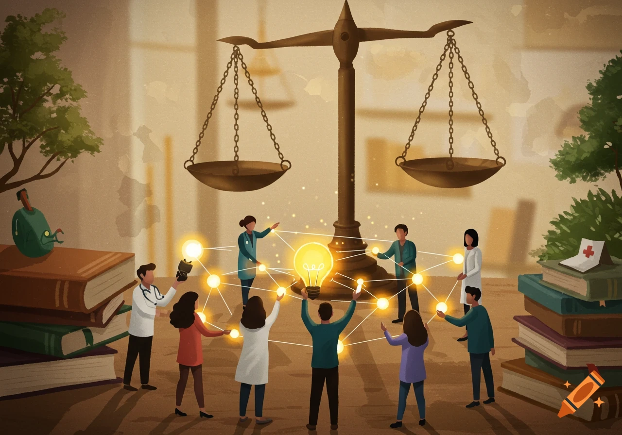 Illustration of people connecting lightbulbs under a balance scale, symbolizing collaboration in a healthcare and education setting.