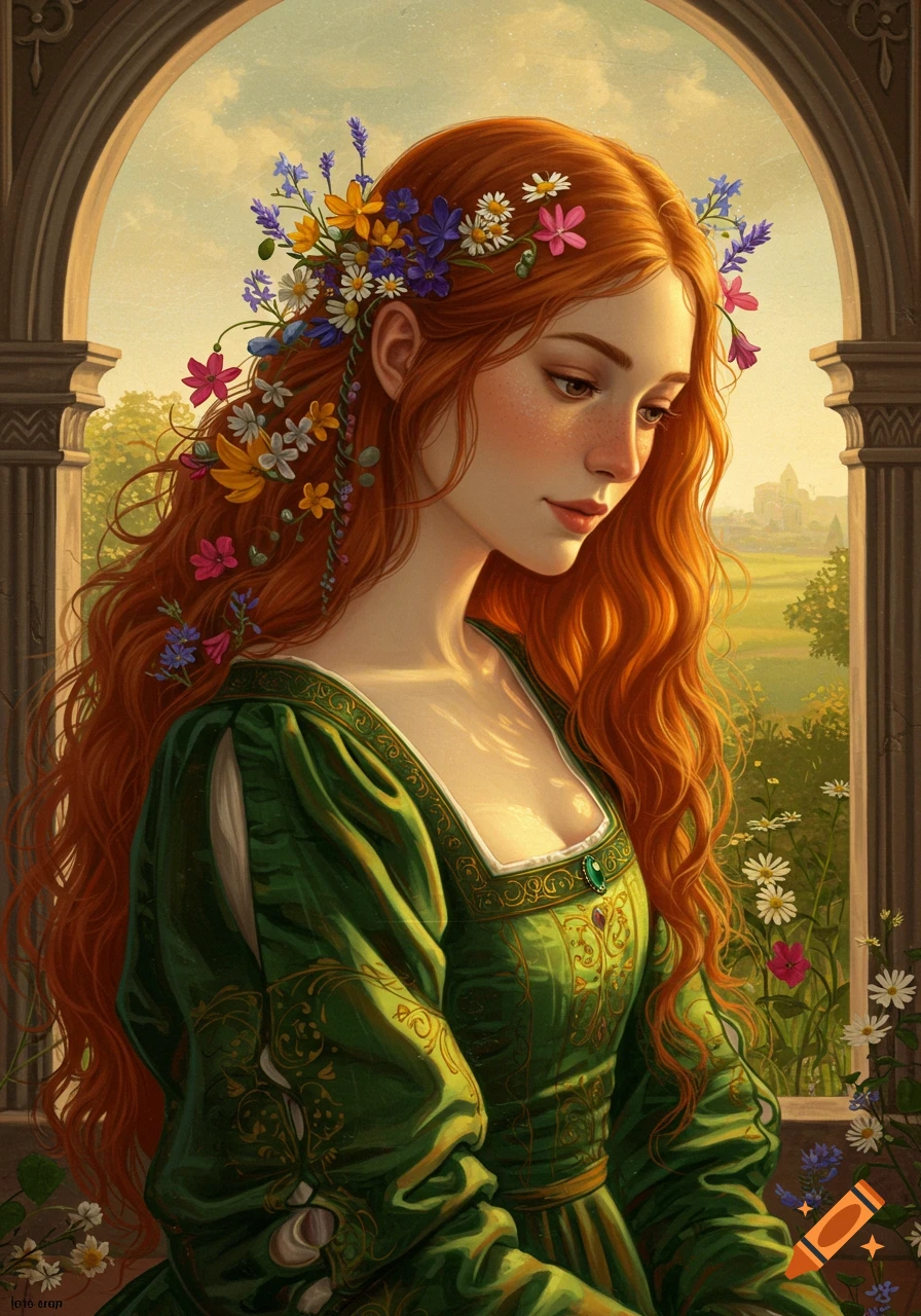 Renaissance style painting of a woman with red hair adorned with flowers, looking out an arched window.