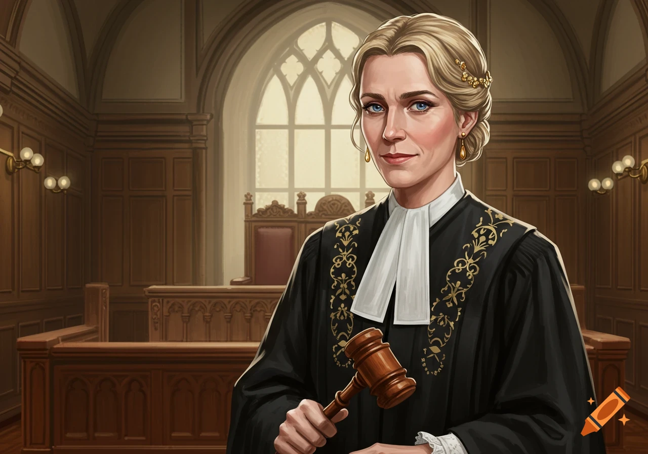 A woman judge stands in a courtroom holding a gavel.