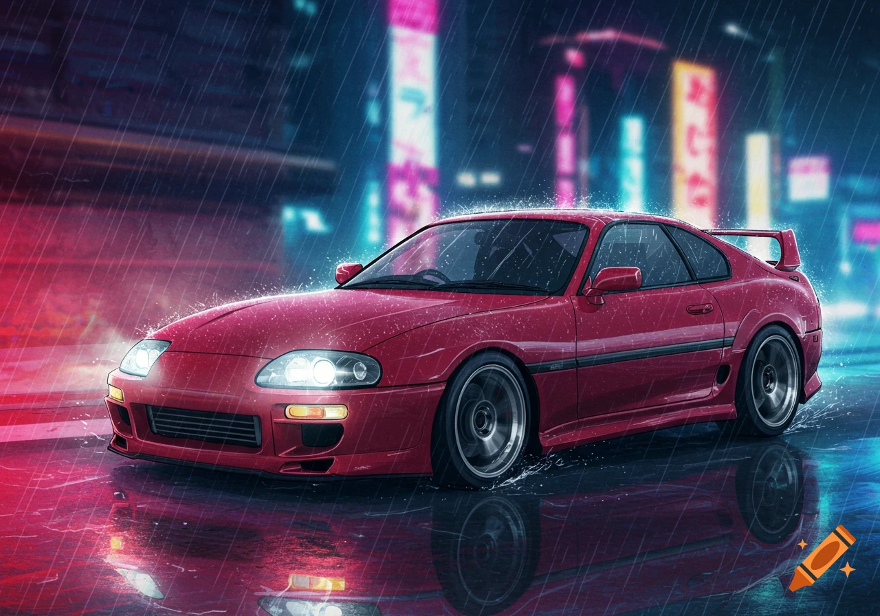 Red Toyota Supra in the rain at night, anime style