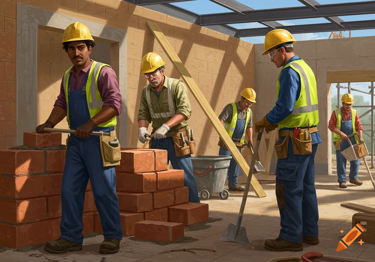 Construction workers build a brick wall at a construction site, digital painting