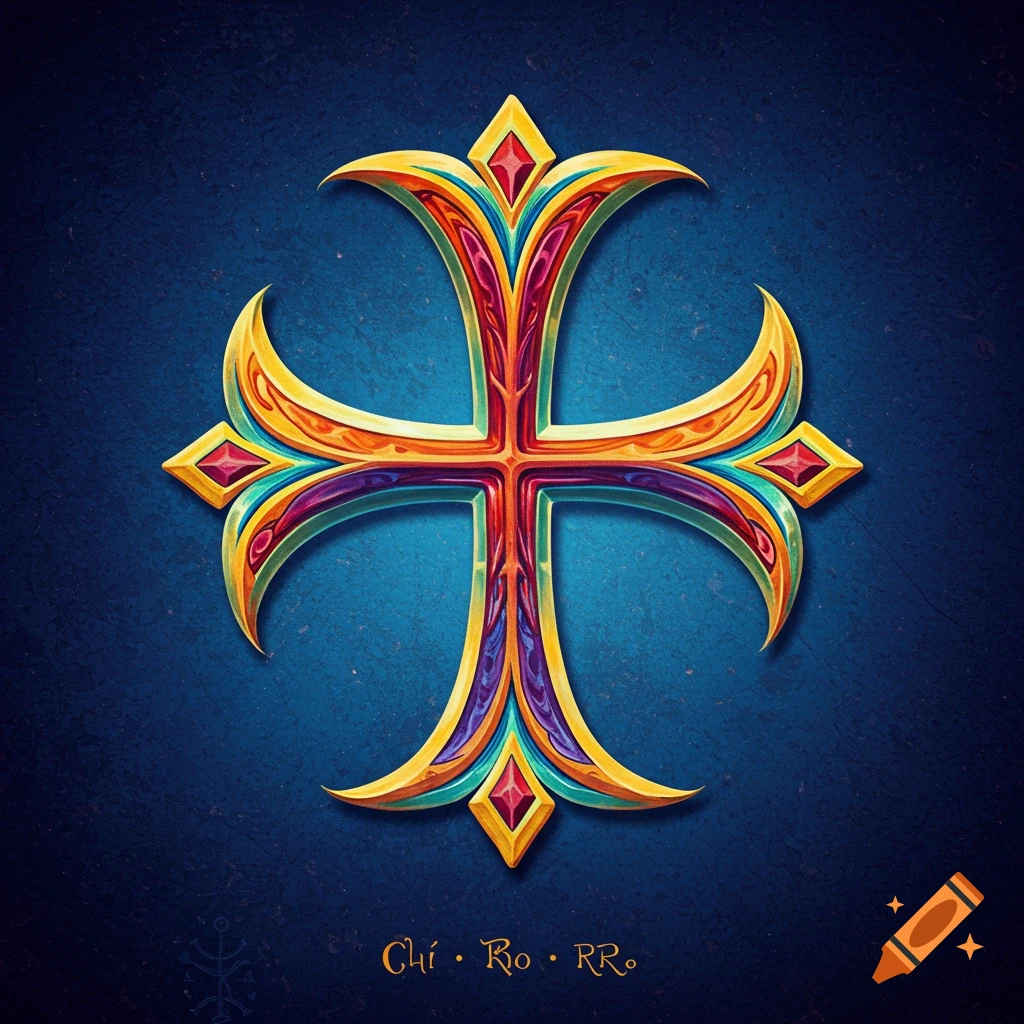 Stylized, colorful ornate symbol resembling a cross or Chi Rho on a dark blue background.