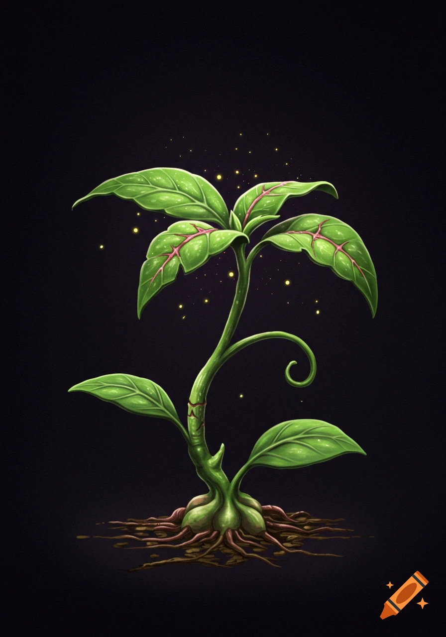 Stylized magical plant with glowing roots, green leaves with red veins, and golden sparks on a dark background.