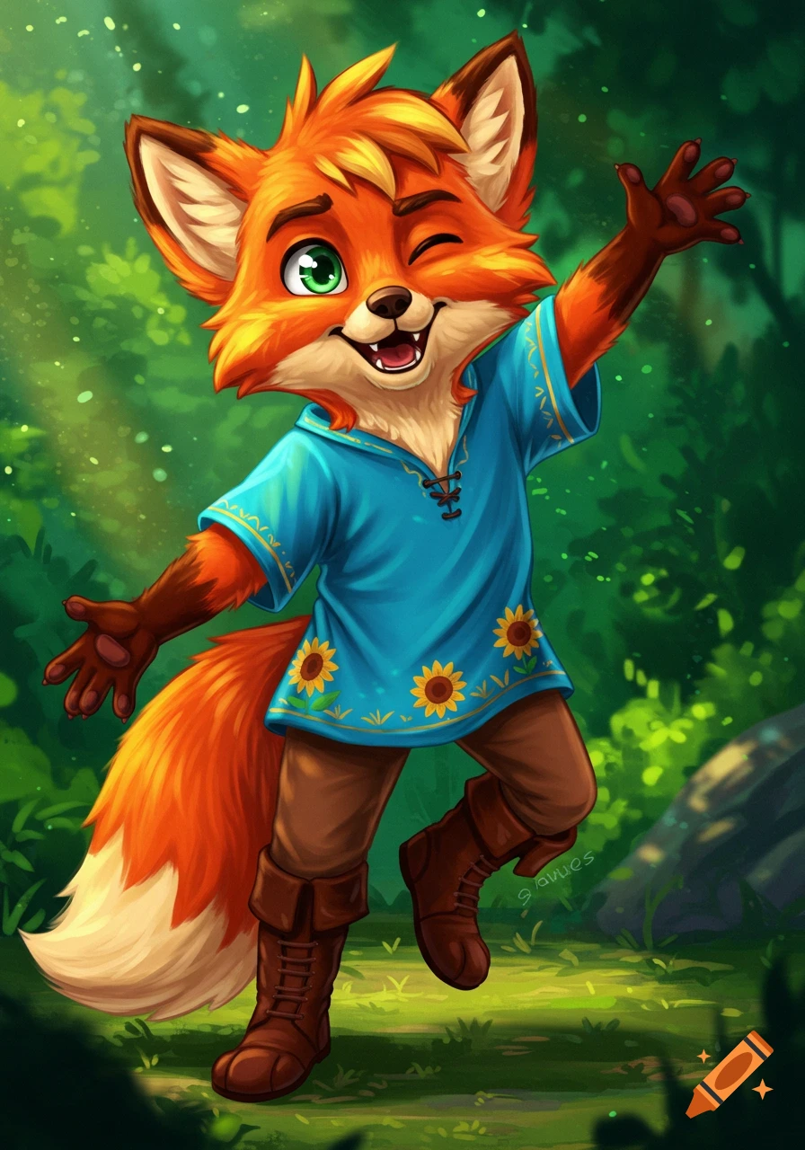 Cartoon fox in a blue tunic with sunflowers waves in a forest
