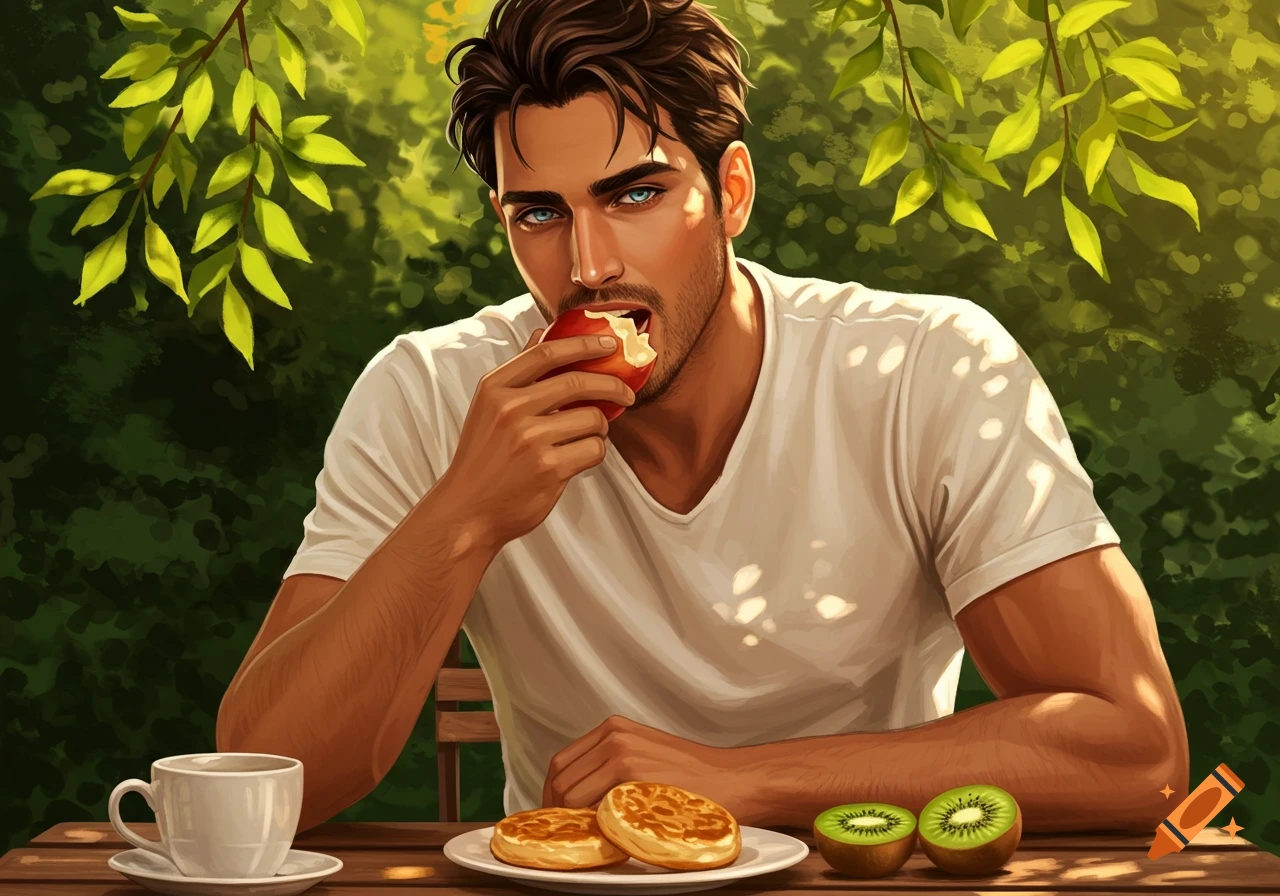 Handsome man eating an apple at an outdoor table with crumpets and kiwi, illustration style.
