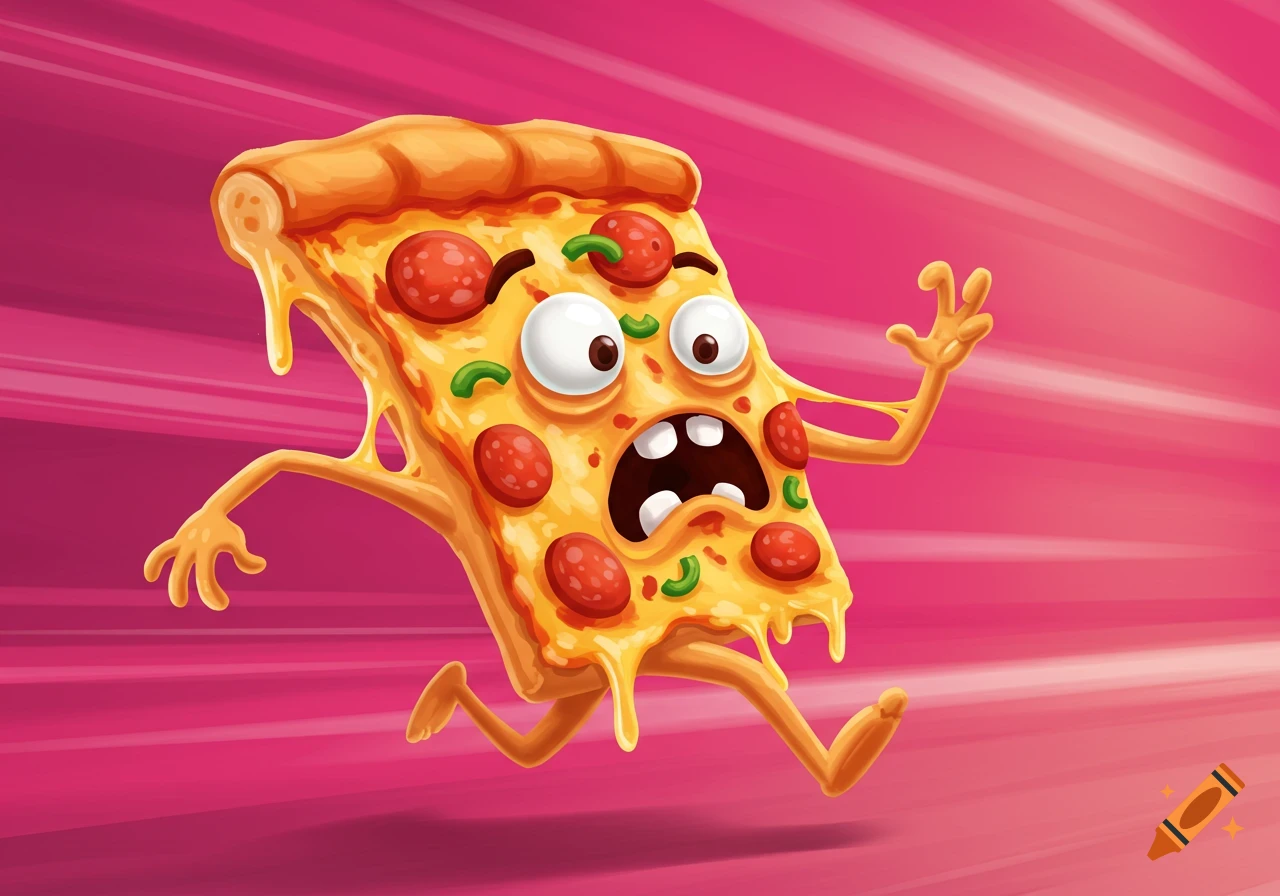 A cartoon slice of pizza with a face, arms, and legs, looking scared and running across a pink background.