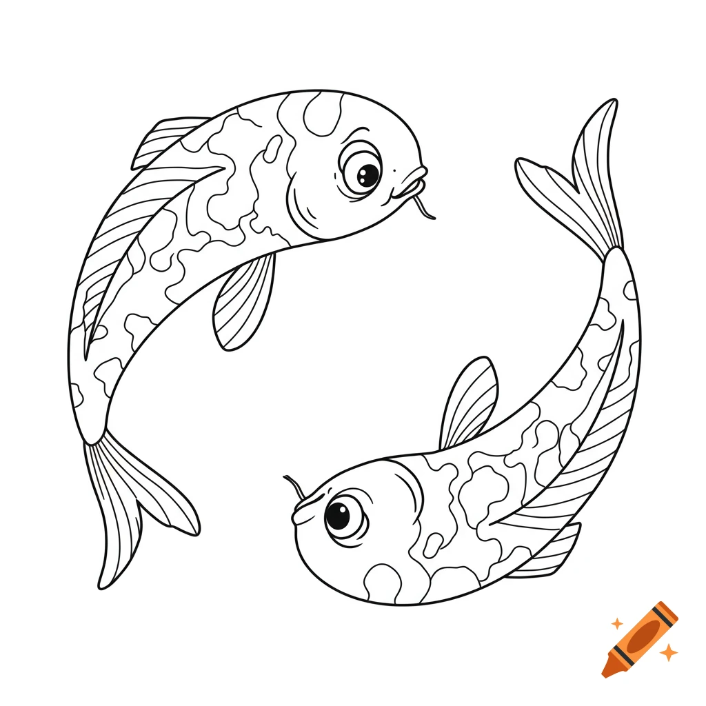 Black and white line drawing of two koi fish, suitable for coloring.