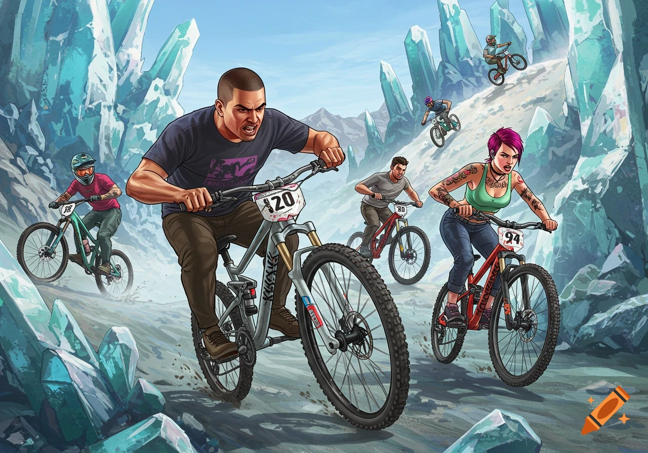 Mountain bikers race down crystal hills in a vibrant, action-packed illustration.