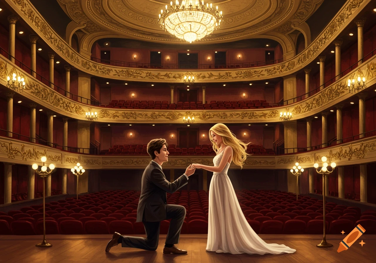 Man proposes to a woman on stage in a grand theater.