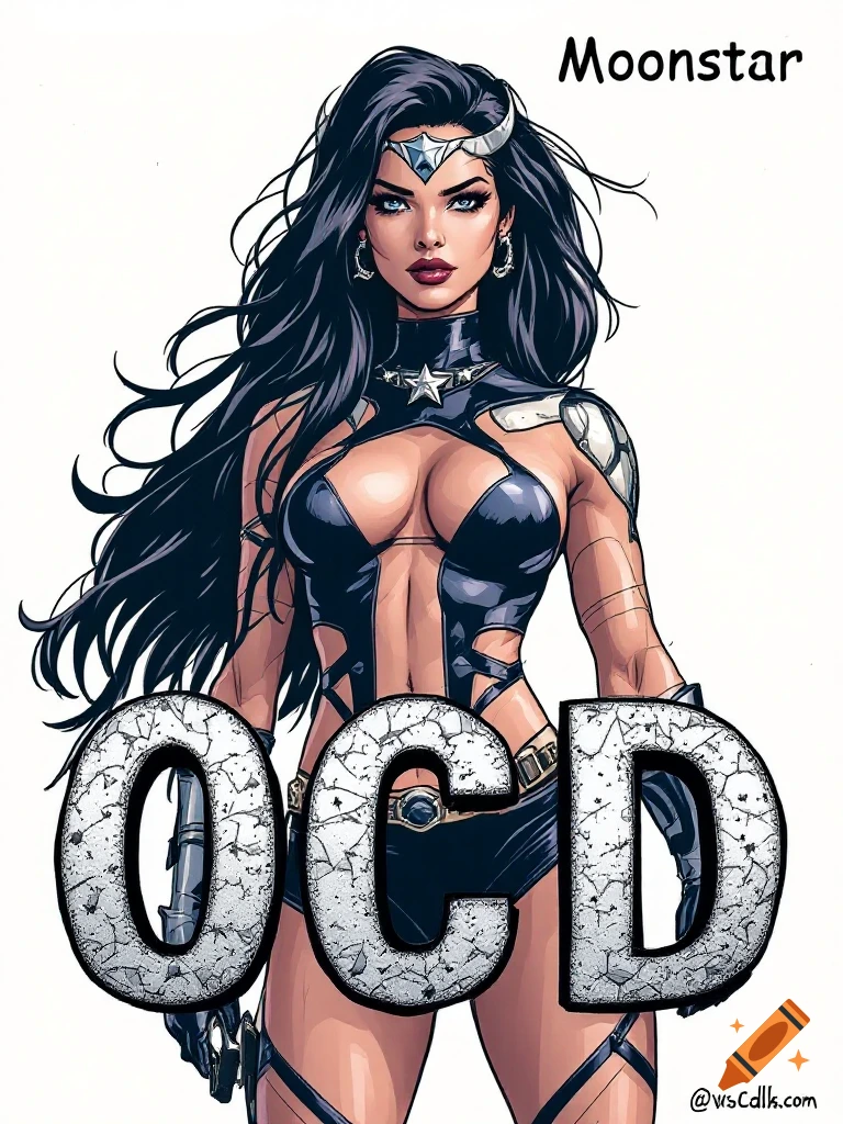 Comic art drawing of Dani Moonstar with large letters spelling OCD in front of her.