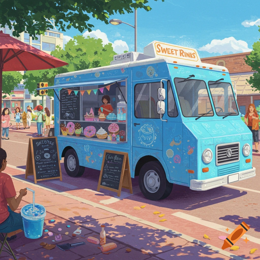 Illustration of a blue food truck serving sweets on a sunny street corner.