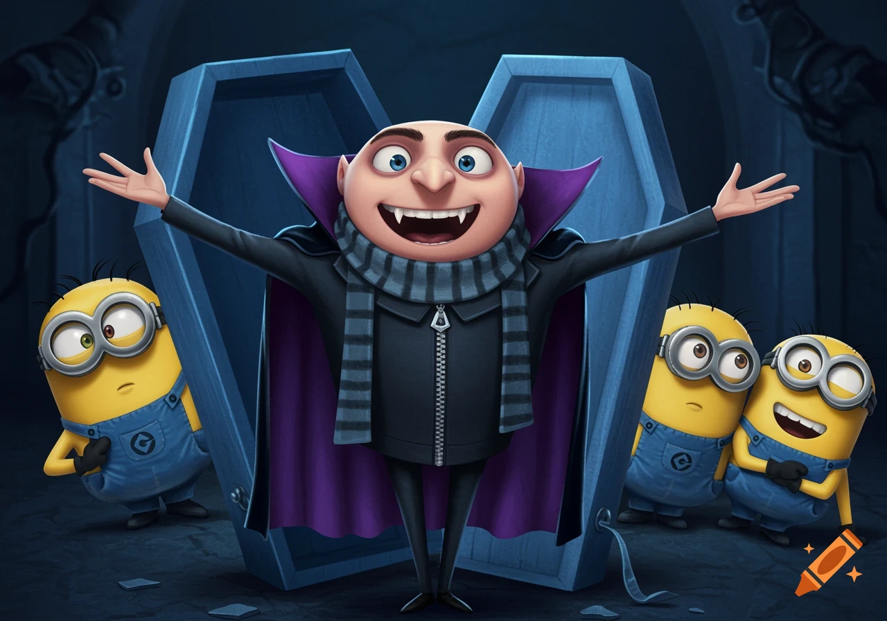 Cartoon illustration of Gru dressed as a vampire, standing in front of a coffin with arms wide, flanked by scared minions hiding behind other coffins.