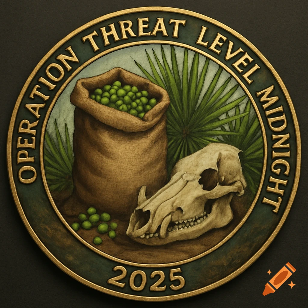 Challenge coin design with a skull, bag of green spheres, and palmetto fronds. Text reads Operation Threat Level Midnight 2025.