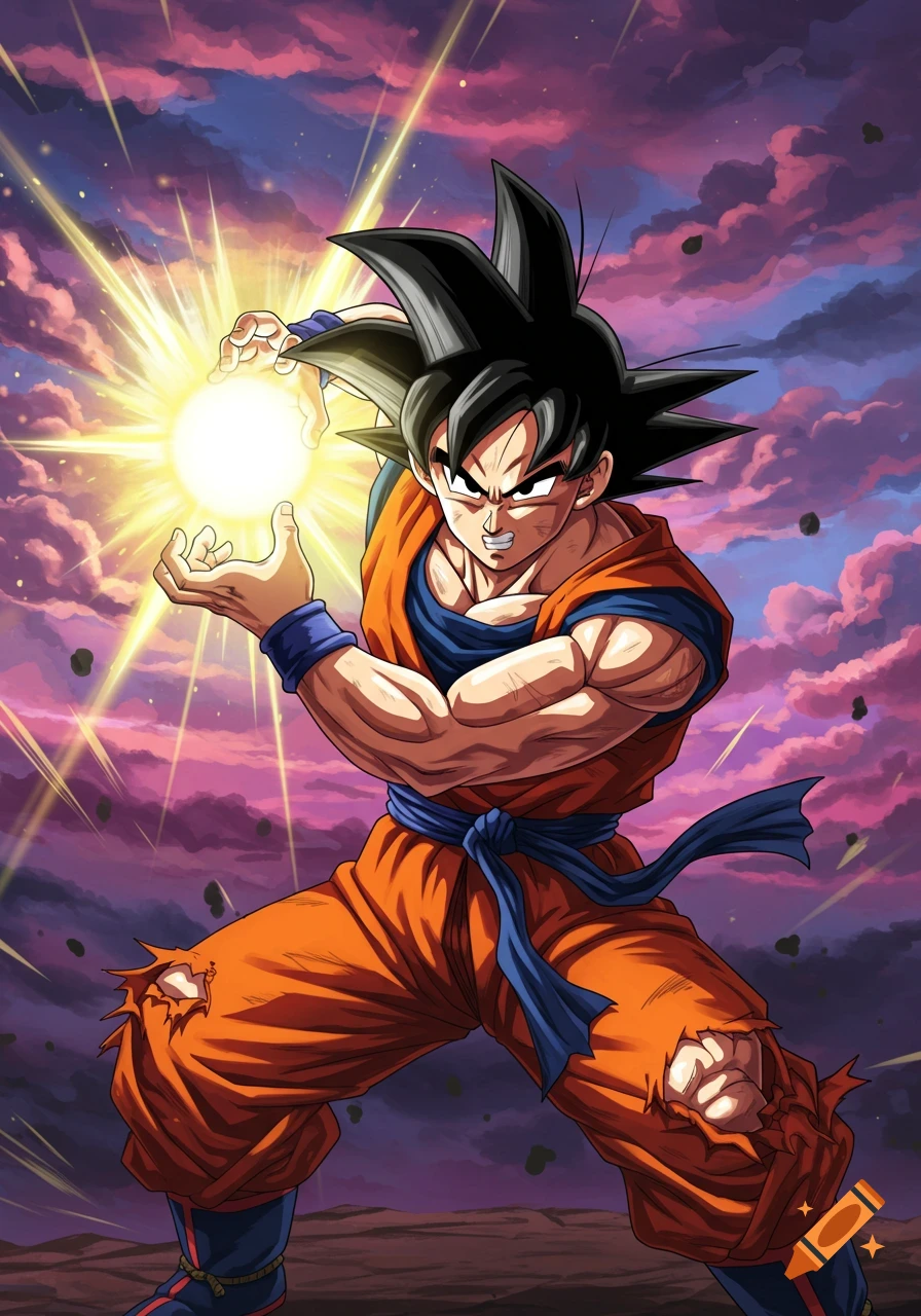 Goku from Dragon Ball Z charging a bright energy attack with dramatic sky behind him