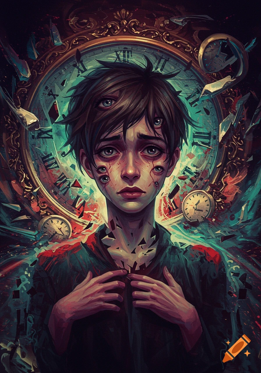 Illustration of a person with multiple eyes on their face and body, breaking apart into shards. They stand in front of a shattered clock.