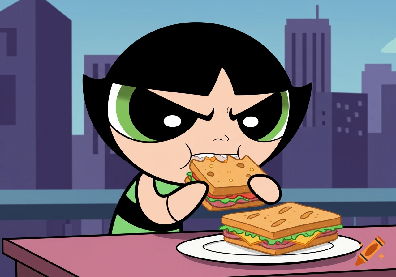 Buttercup from Powerpuff Girls eating a large sandwich, looking angry, with a cityscape background.