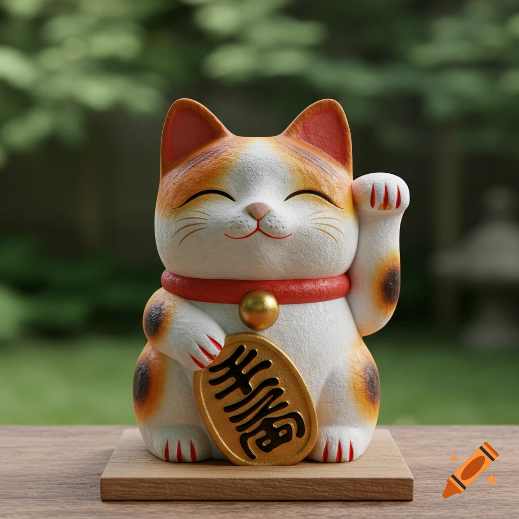 Maneki-neko lucky cat figurine holding a coin on a wooden base outdoors