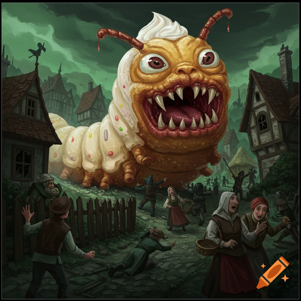 A giant, grotesque caterpillar monster with sharp teeth attacks a medieval village, scattering panicked villagers.