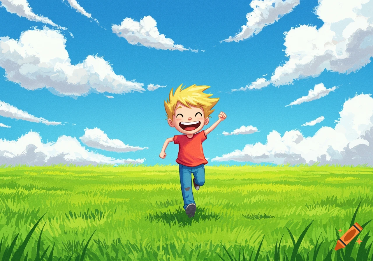 A cartoony boy runs through a grassy field under a cloudy blue sky.